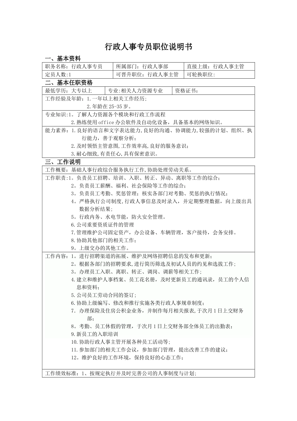人事行政专员职位说明书_第1页
