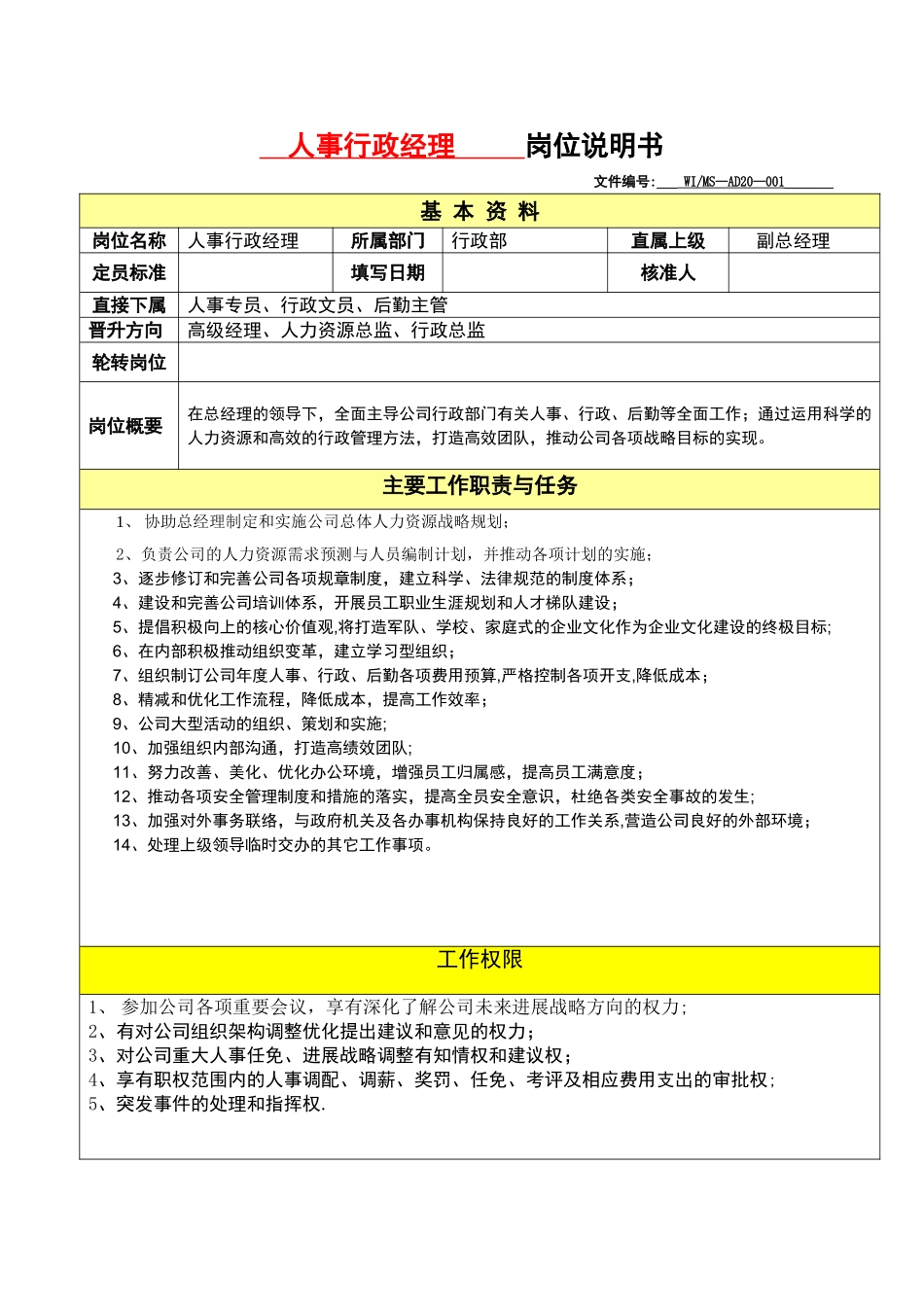 人事行政经理岗位说明书_第1页