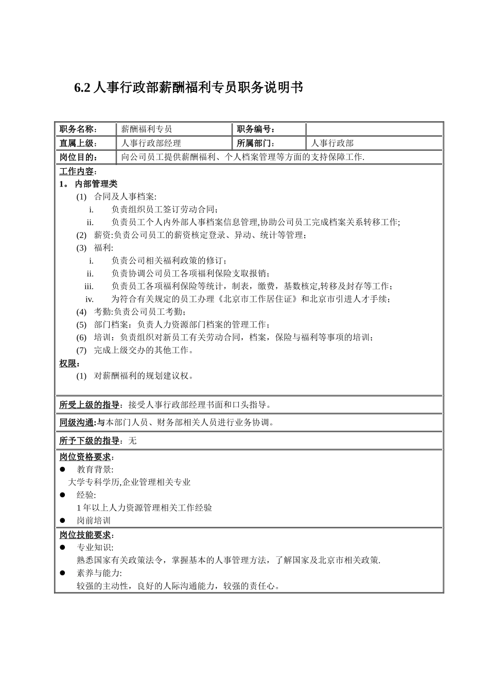 人事行政部岗位说明书-_第1页