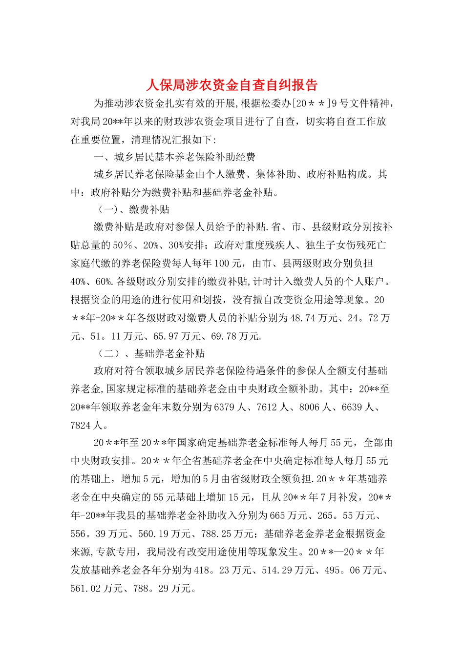 人保局涉农资金自查自纠报告与人力资源社会实践报告汇编_第1页