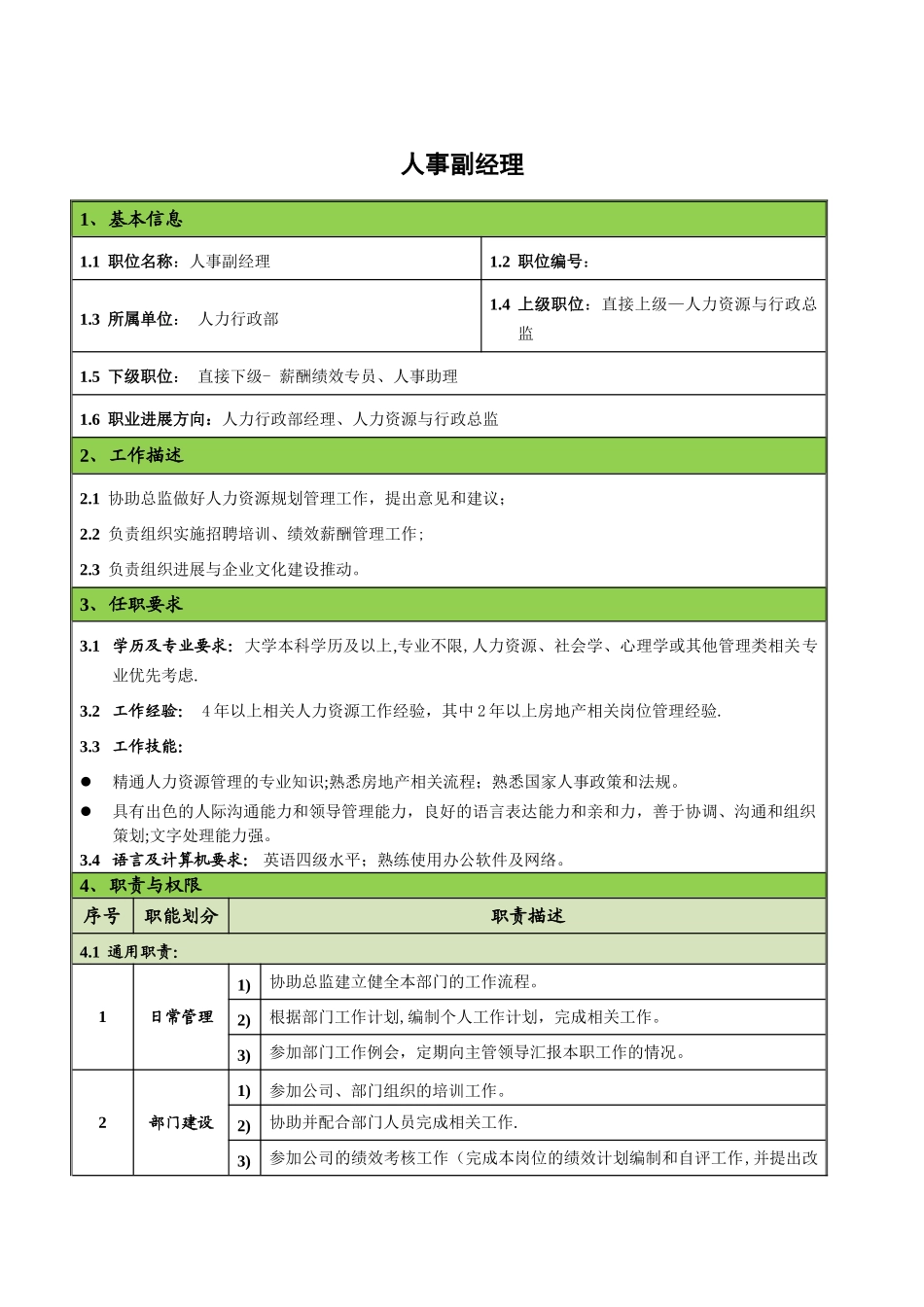 人力行政部岗位说明书_第2页