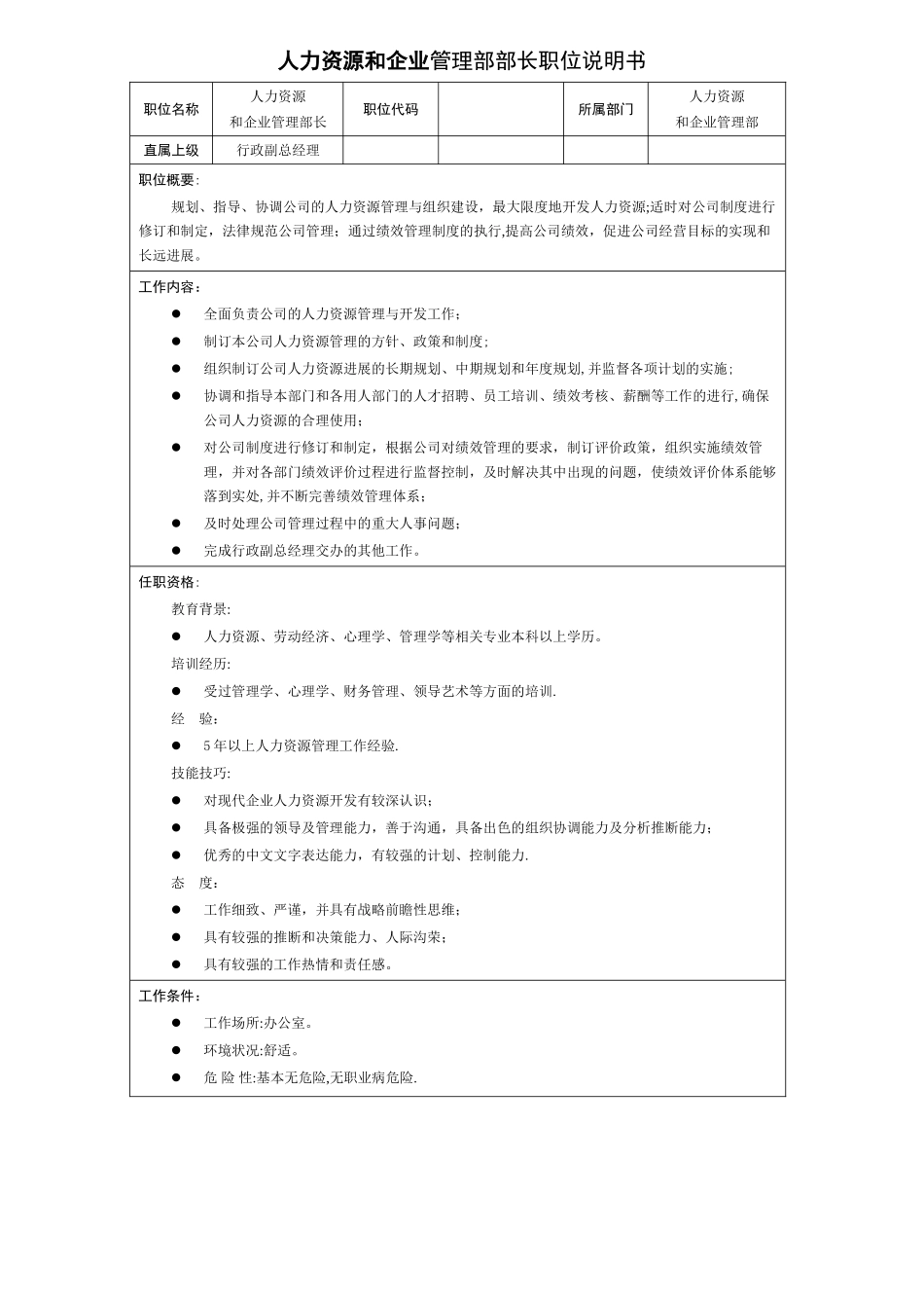 人力资源和企业管理部岗位说明书_第1页