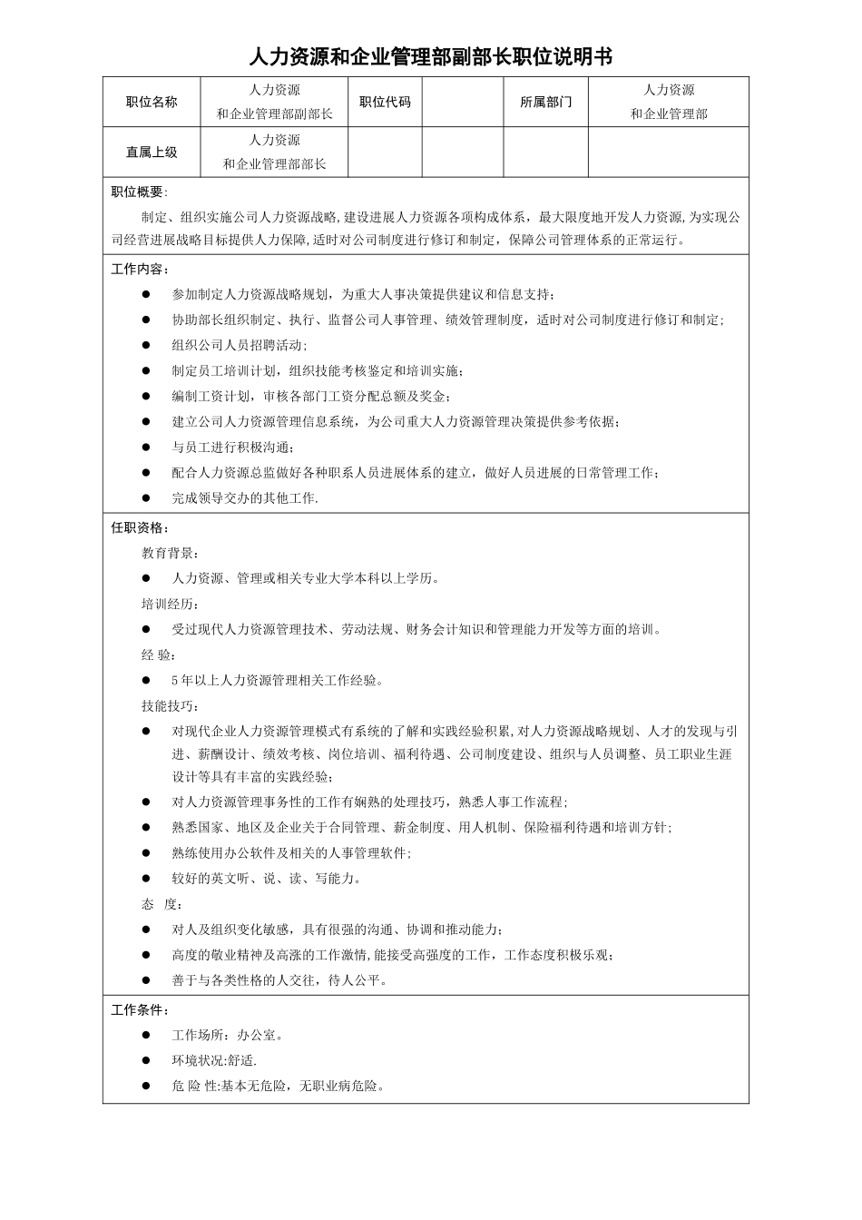 人力资源和企业管理部岗位说明书_第2页