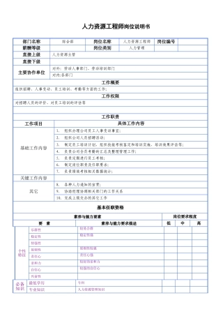 人力资源工程师岗位说明书v1.0