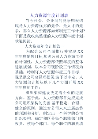 人力资源年度计划表