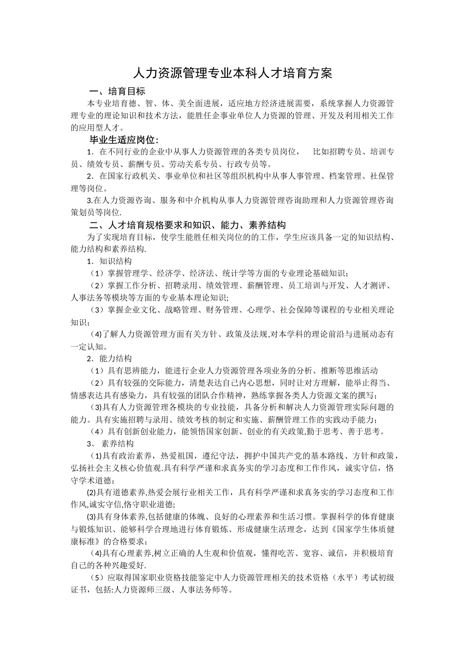 人力资源管理专业本科人才培养方案_第1页