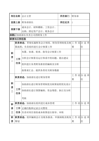 某企业会计主管职务说明书