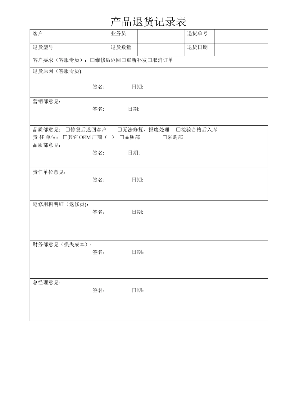 产品退货记录表_第1页