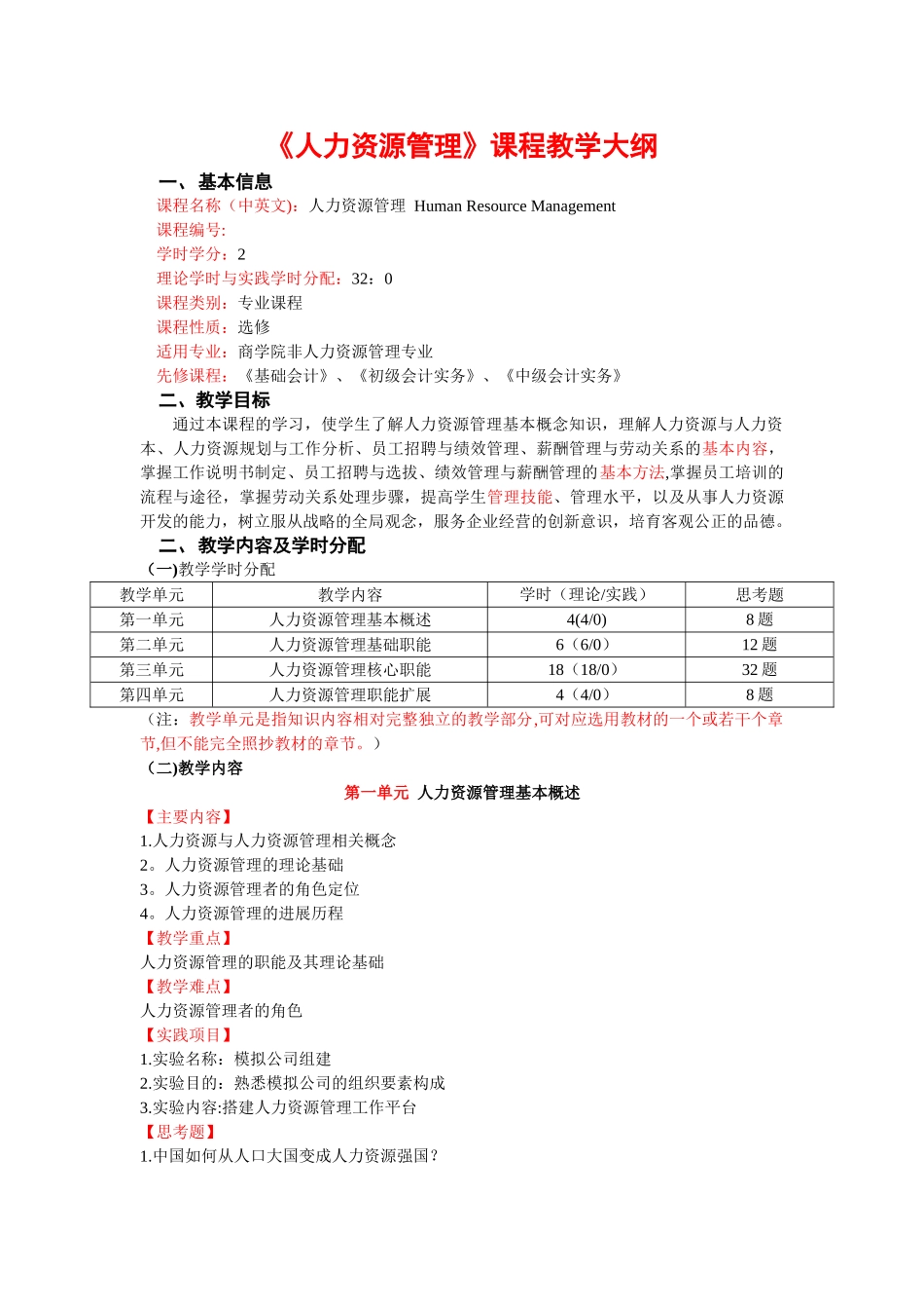 人力资源管理课程教学大纲_第1页