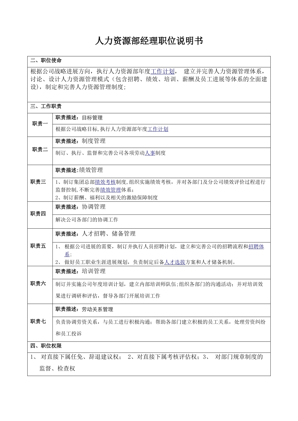 人力资源经理岗位职责说明书_第1页