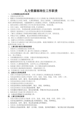 人力资源部岗位工作职责