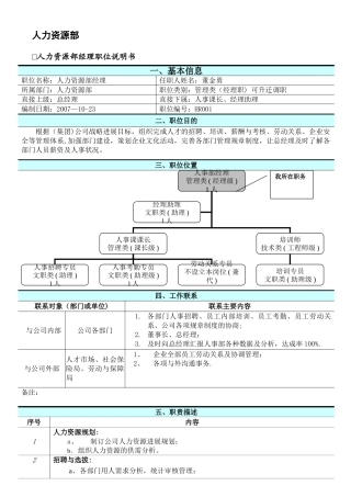 人力资源部经理职位说明书HR001