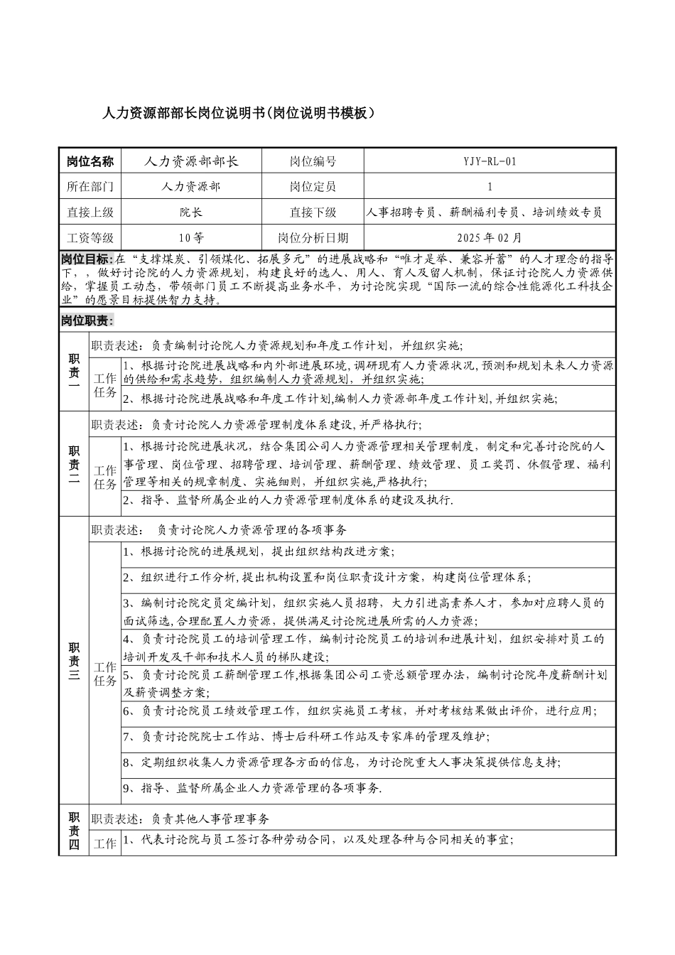 人力资源部部长岗位说明书_第1页