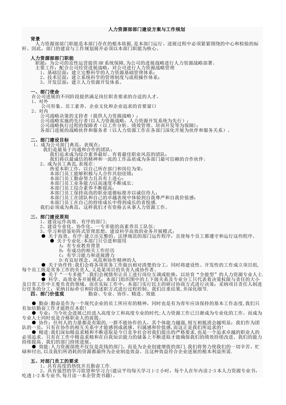 人力资源部部门建设方案与工作规划_第1页