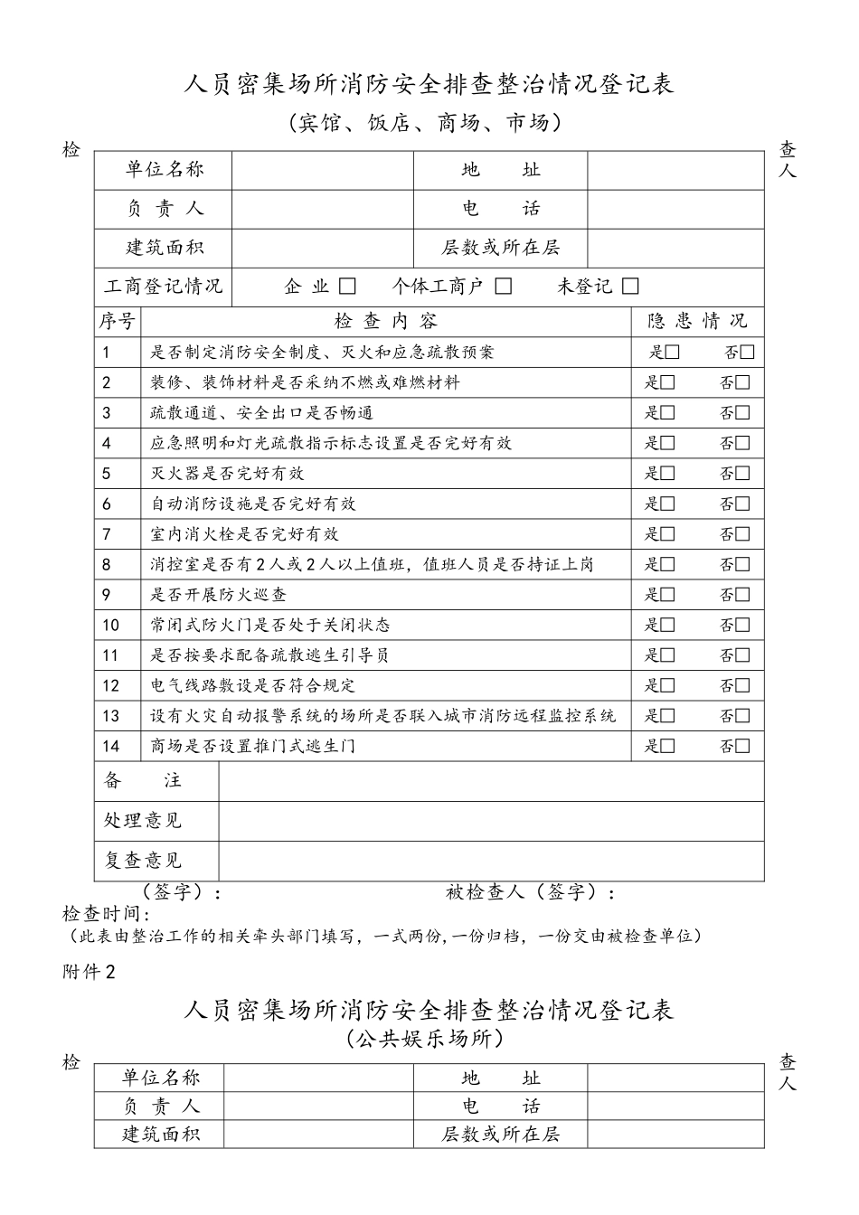 人员密集场所消防安全排查整治情况登记表_第1页