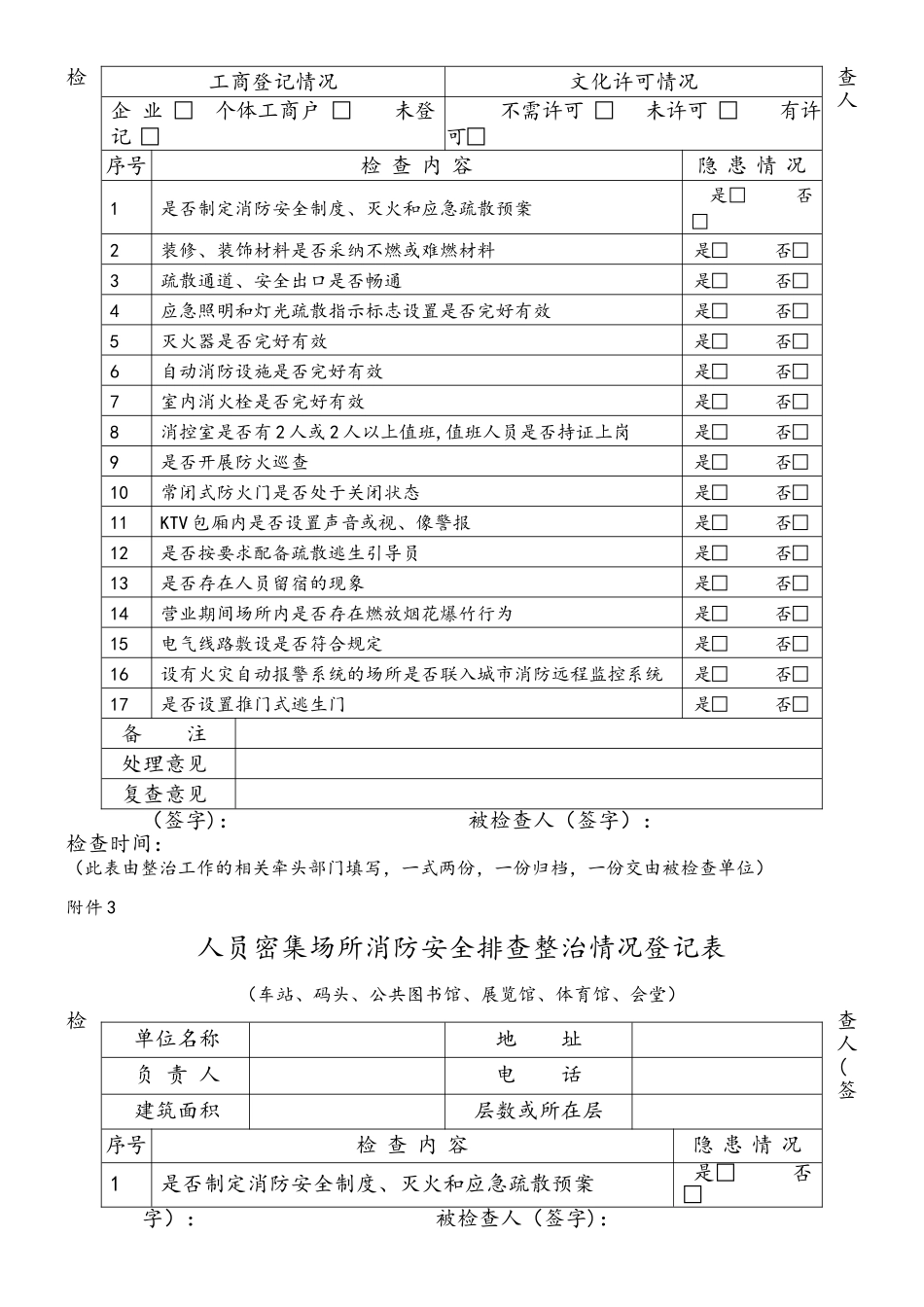 人员密集场所消防安全排查整治情况登记表_第2页