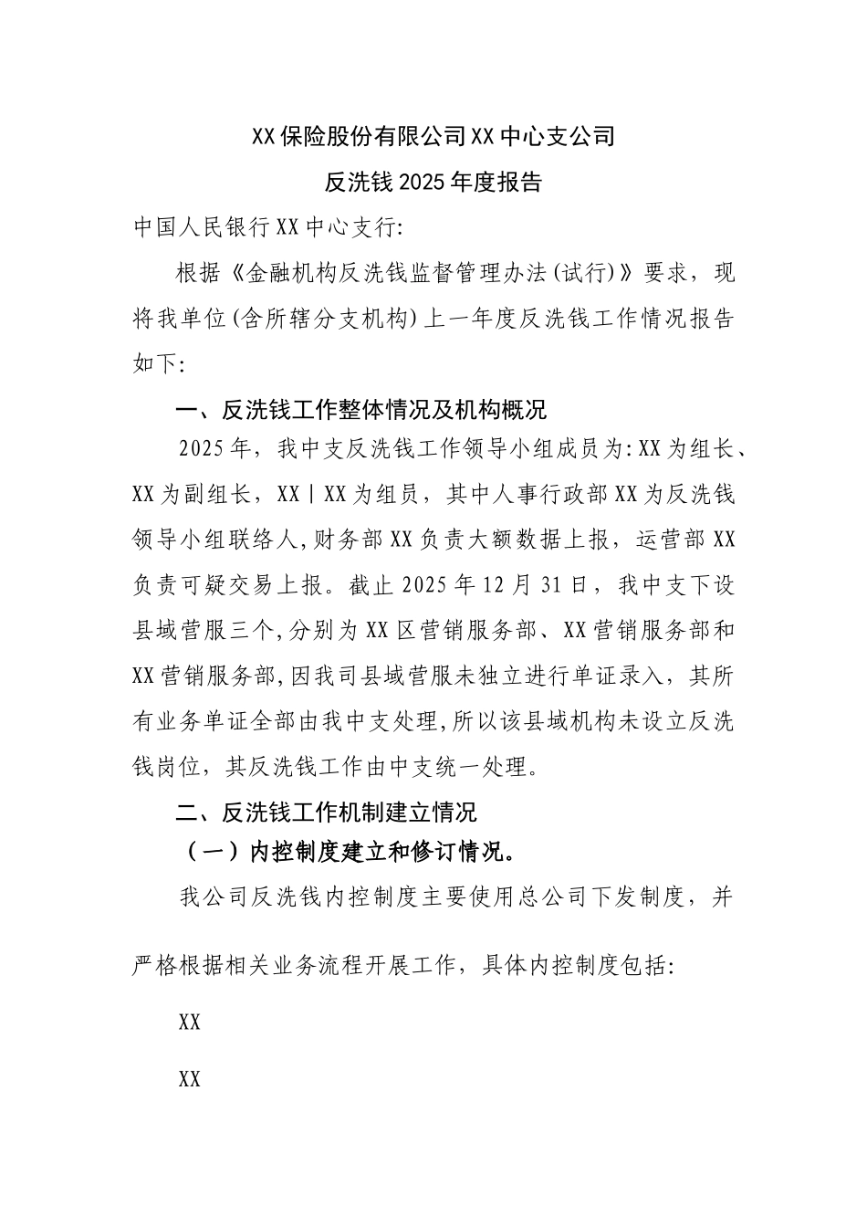 人寿保险股份有限公司中心支公司反洗钱年度报告_第1页