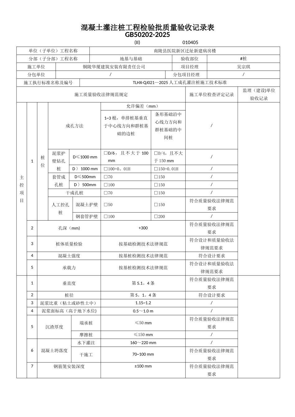 人工挖孔桩工程检验批质量验收记录表_第1页