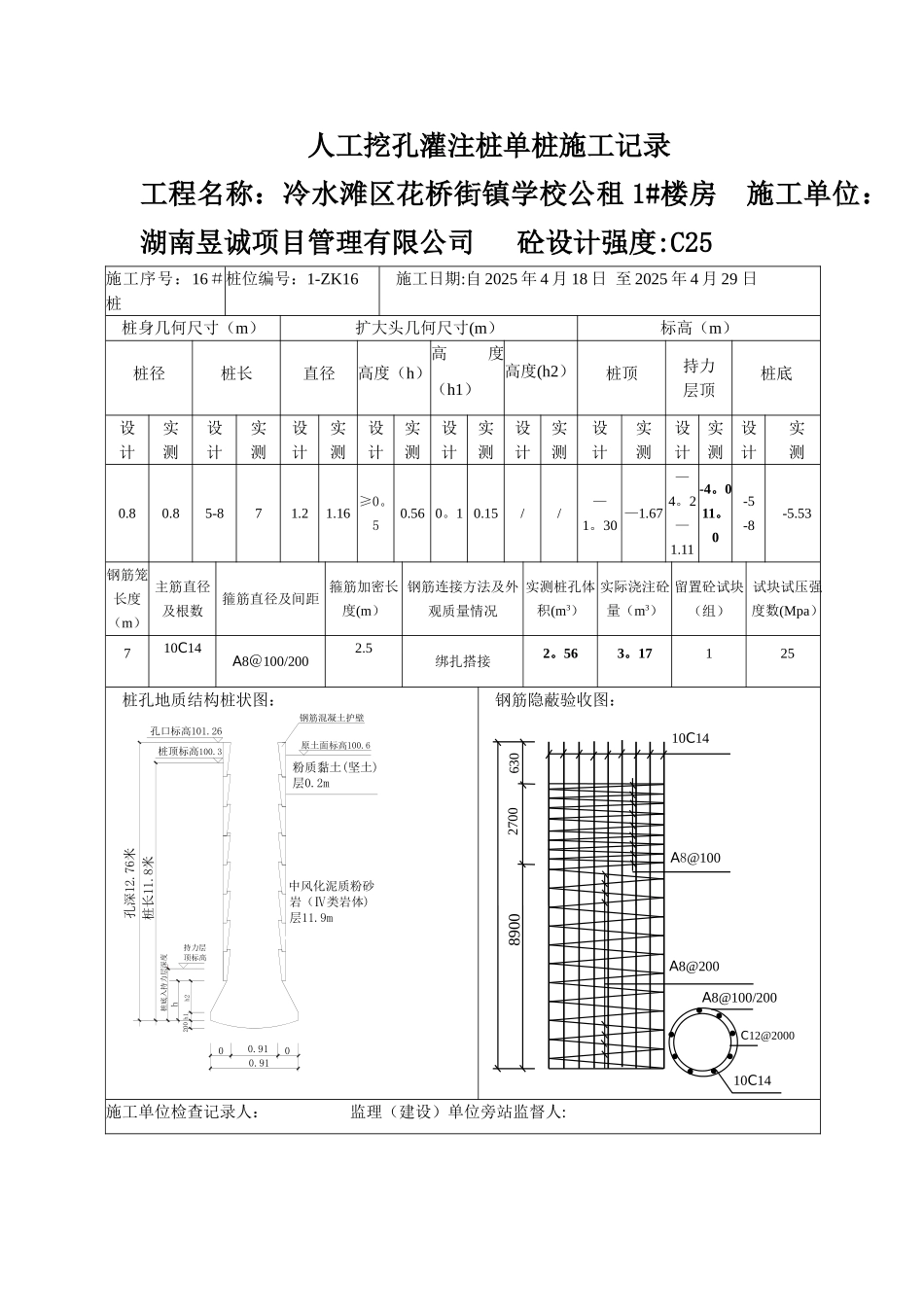 人工挖孔灌注桩单桩施工记录1_第1页