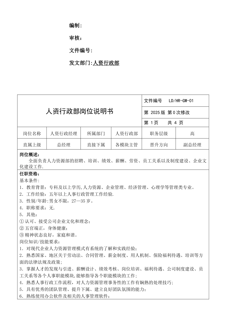 人资行政部岗位说明书_第2页