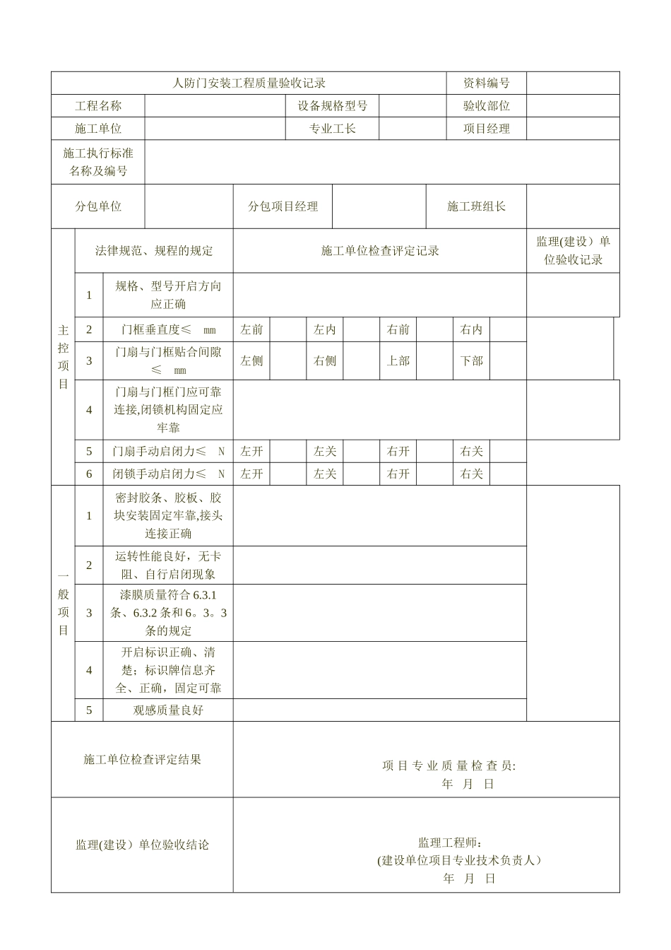 人防门门框安装垂直度检查记录表_第2页