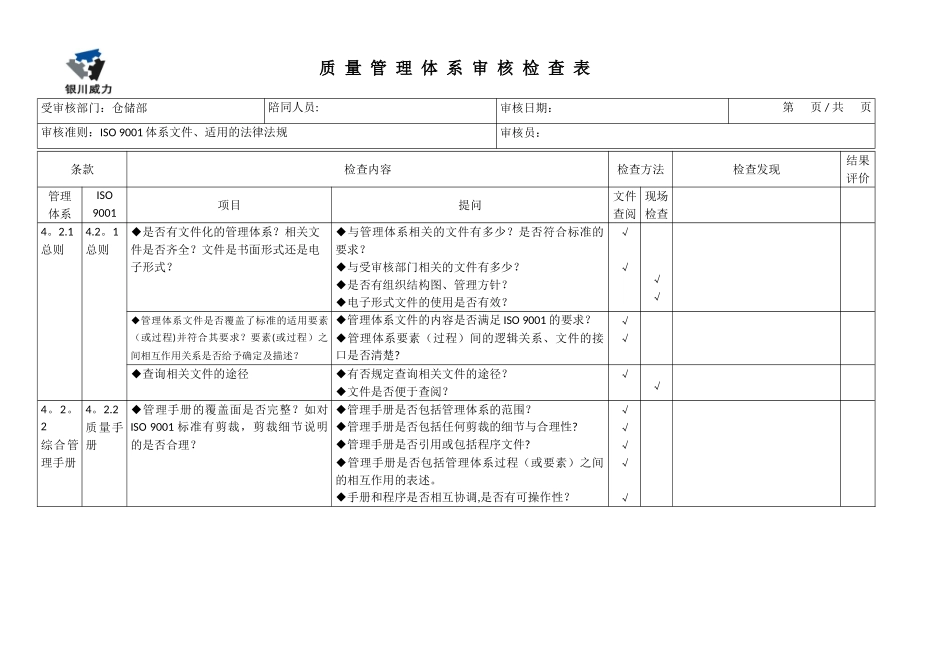 仓储部内审检查表_第1页