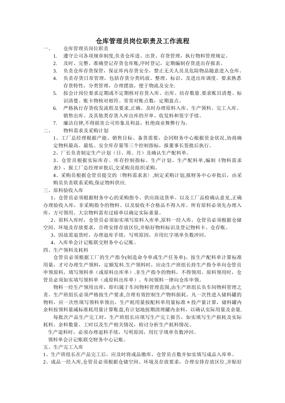 仓库管理员岗位职责及工作流程60311_第1页