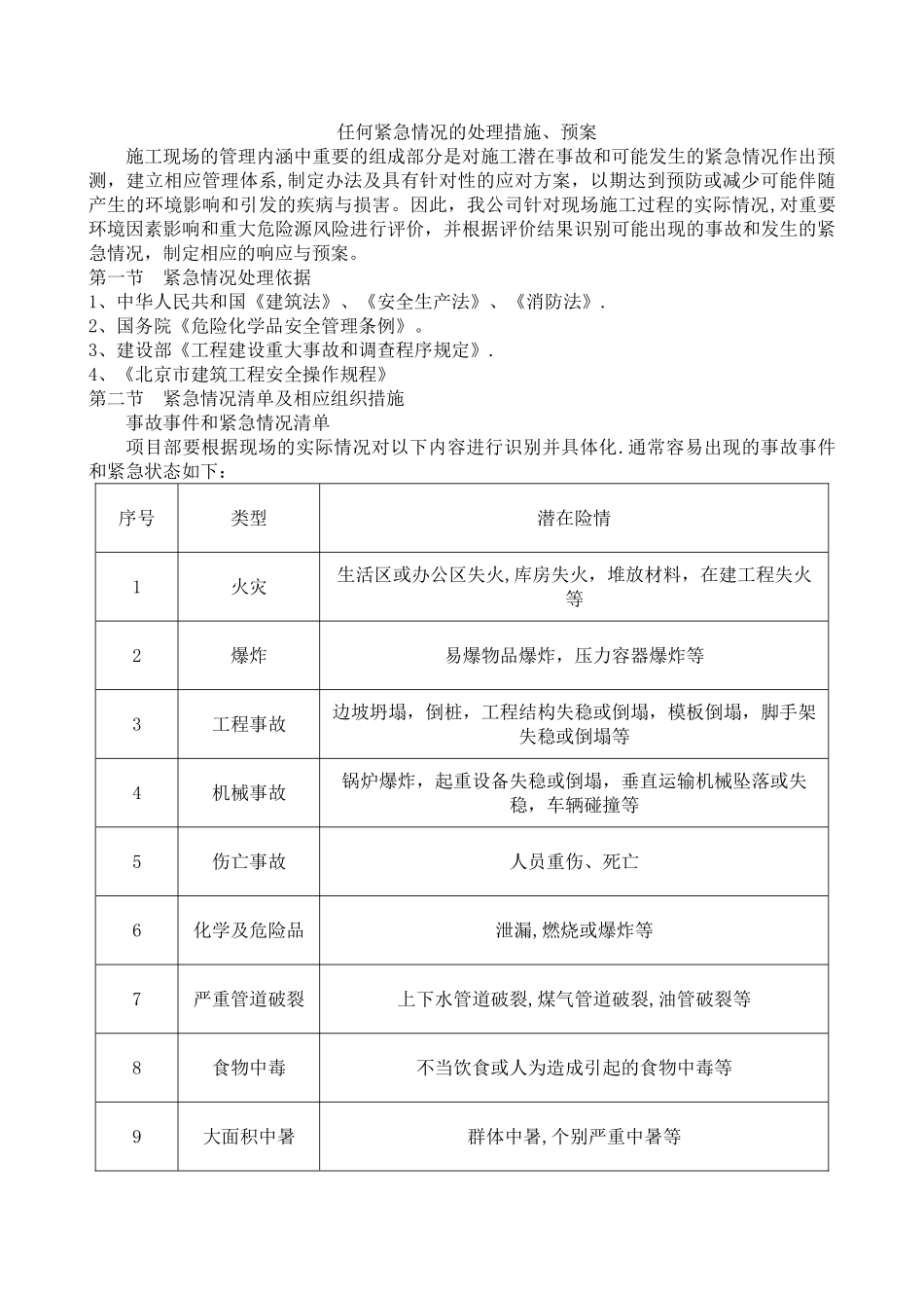 任何可能发生的紧急情况的处理措施、应急预案以及风险控制_第1页