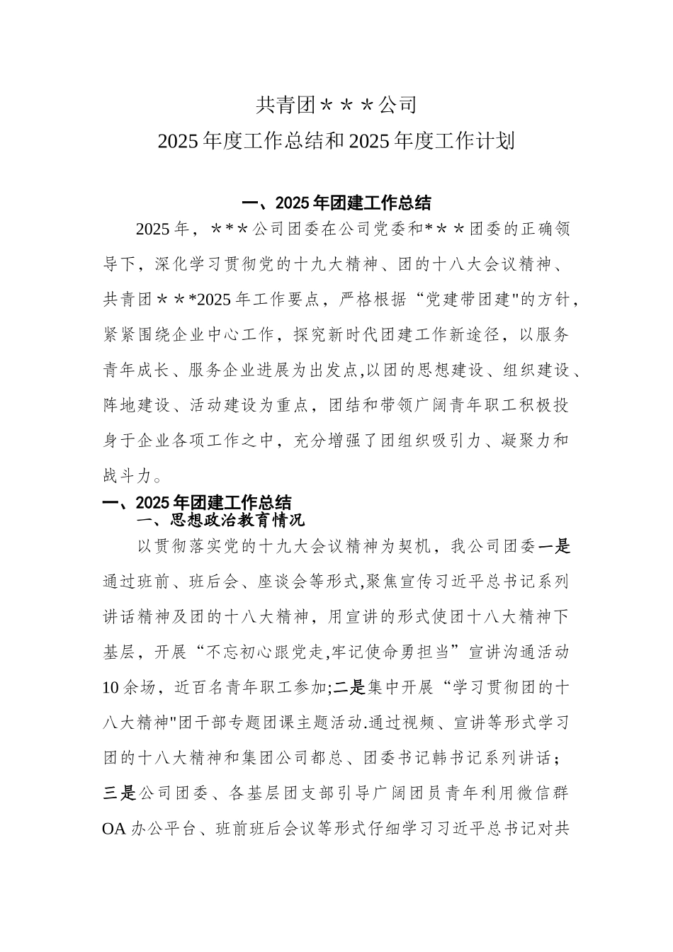 企业2025年度团委总结及2025年度工作计划_第1页
