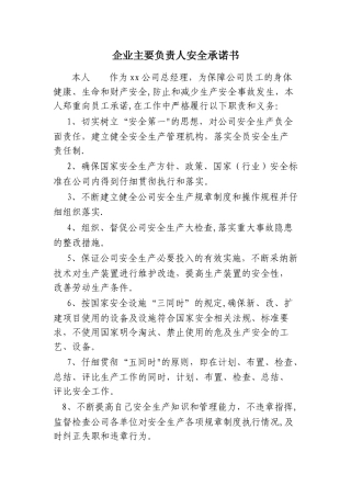 企业主要负责人安全承诺书