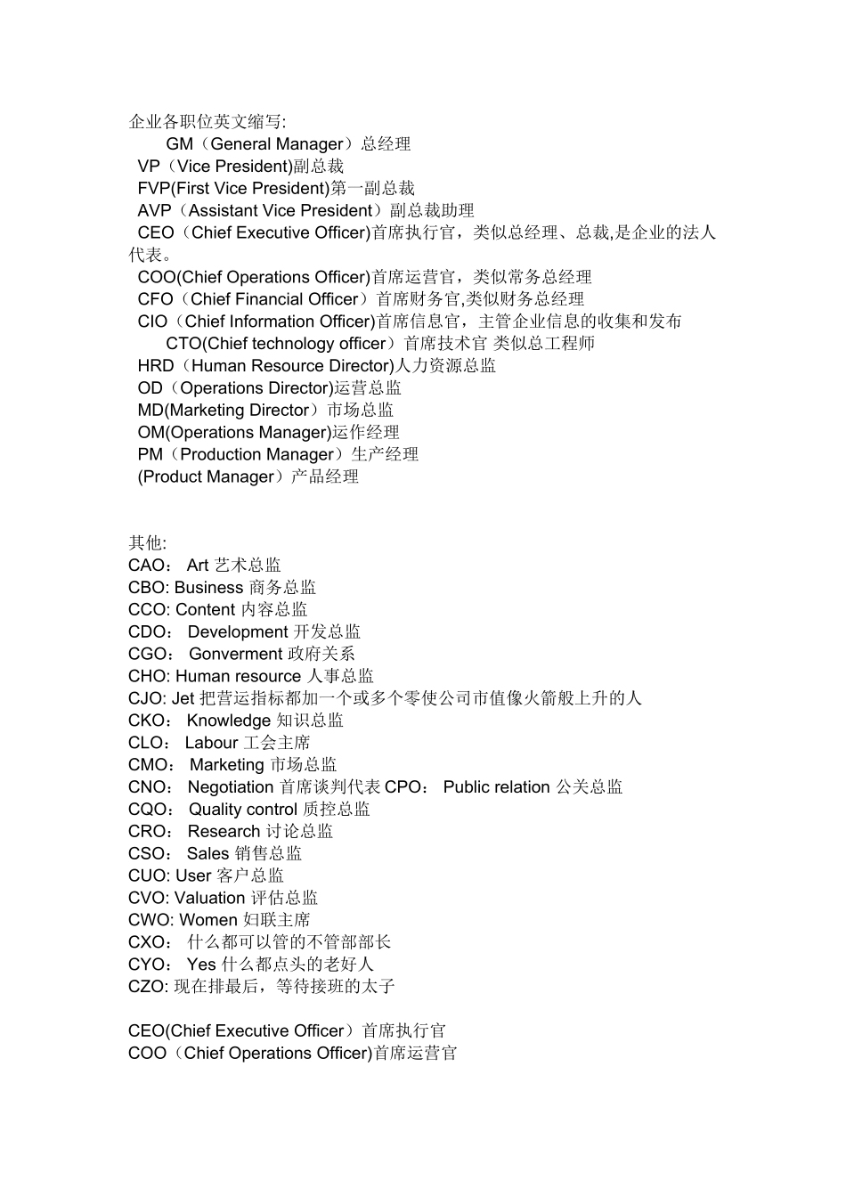 企业各职位英文缩写_第1页