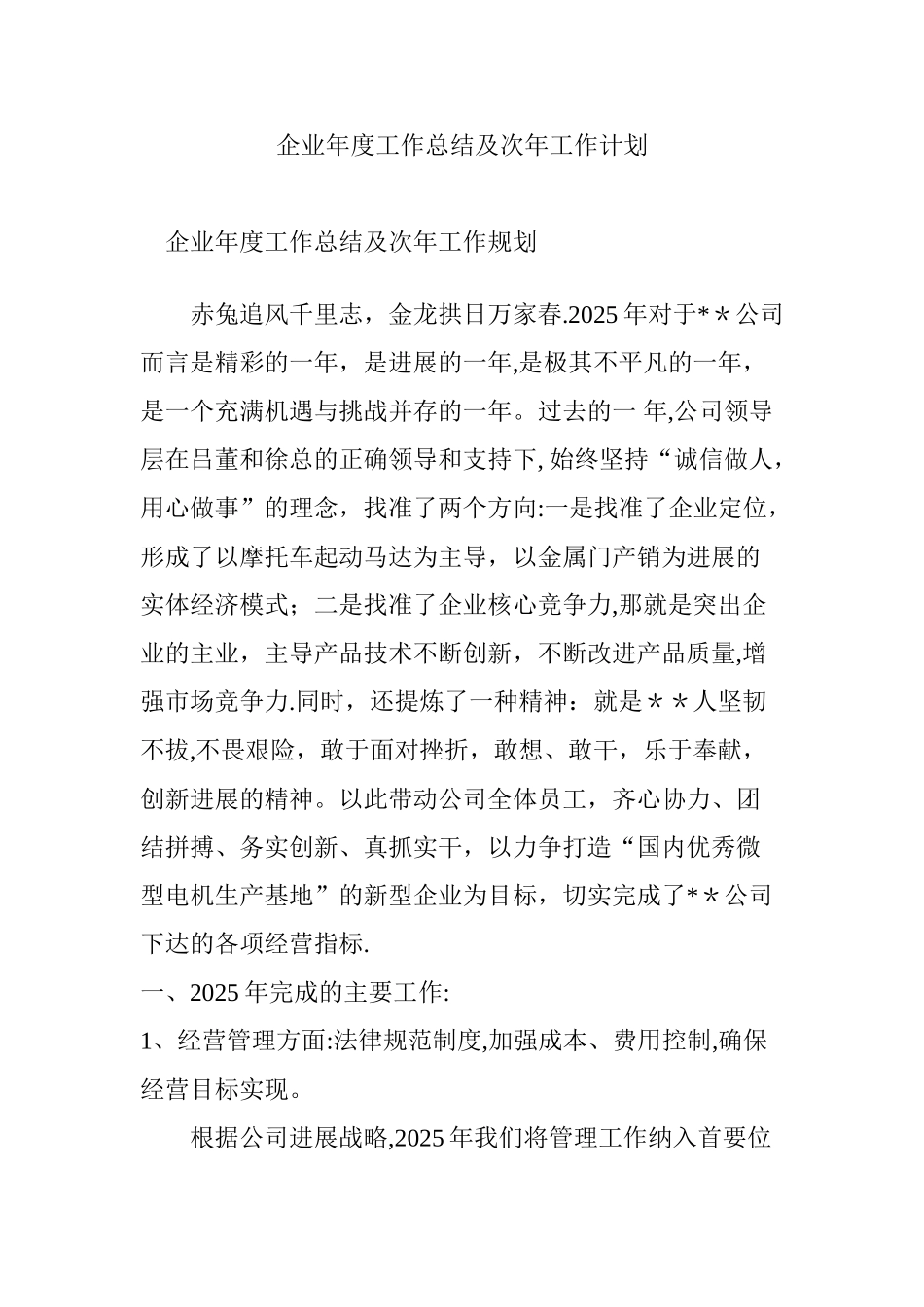 企业年度工作总结及次年工作计划_第1页