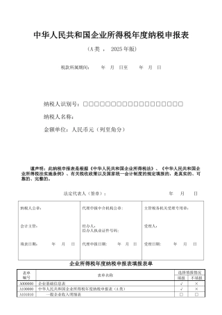 企业所得税年报申报表表格