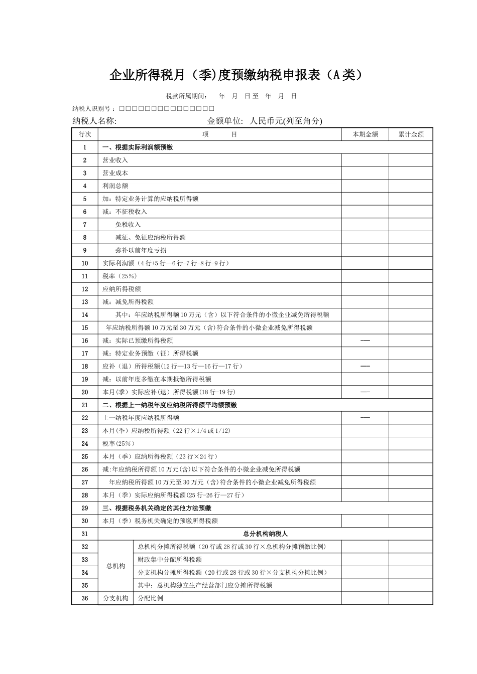 企业所得税月季度预缴纳税申报表A类_第1页