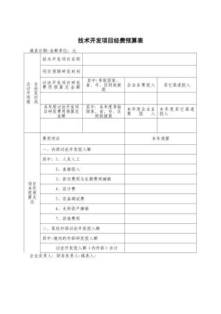 企业研发项目经费预算表