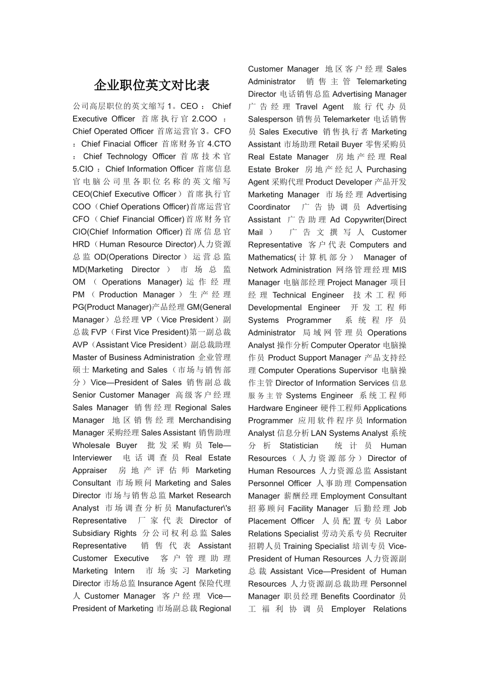 企业职位英文对照表_第1页