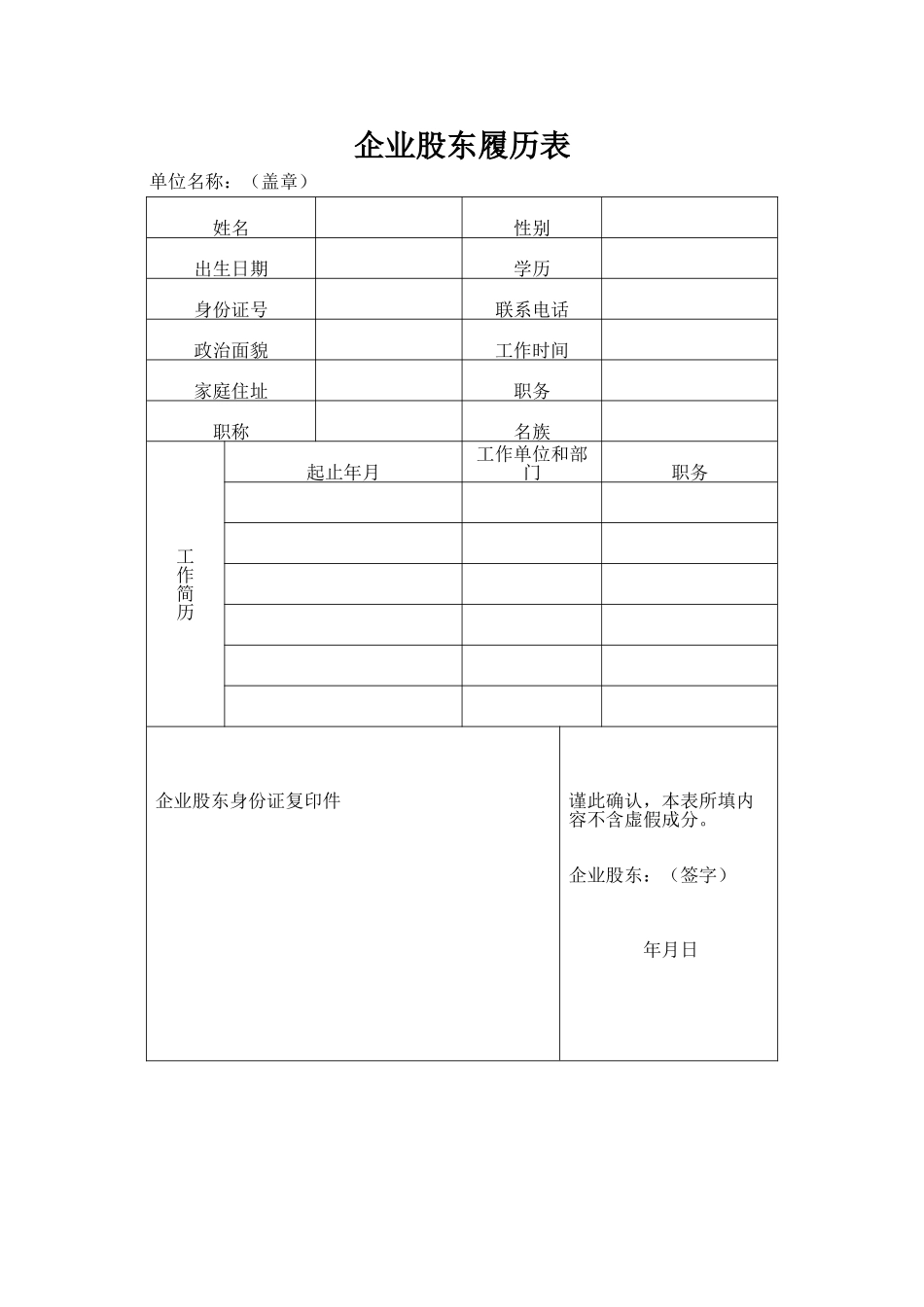 企业股东个人简历表_第1页
