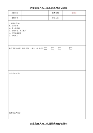 企业负责人施工现场带班检查记录表