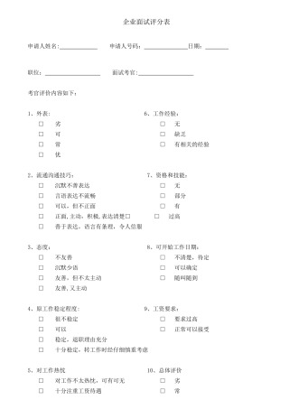 企业面试评分表