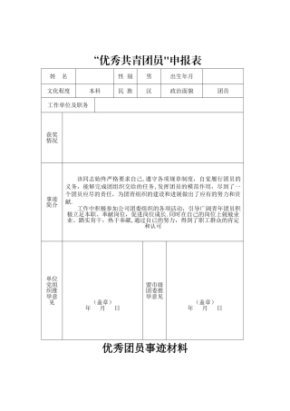 优秀团员申报表及事迹材料