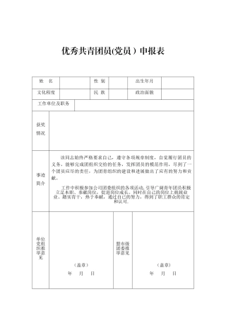 优秀团员申报表及事迹材料75269