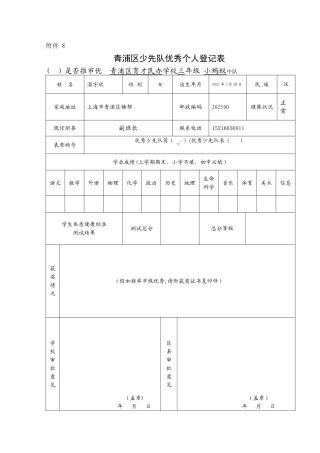优秀少先队队员、红旗中队推荐登记表
