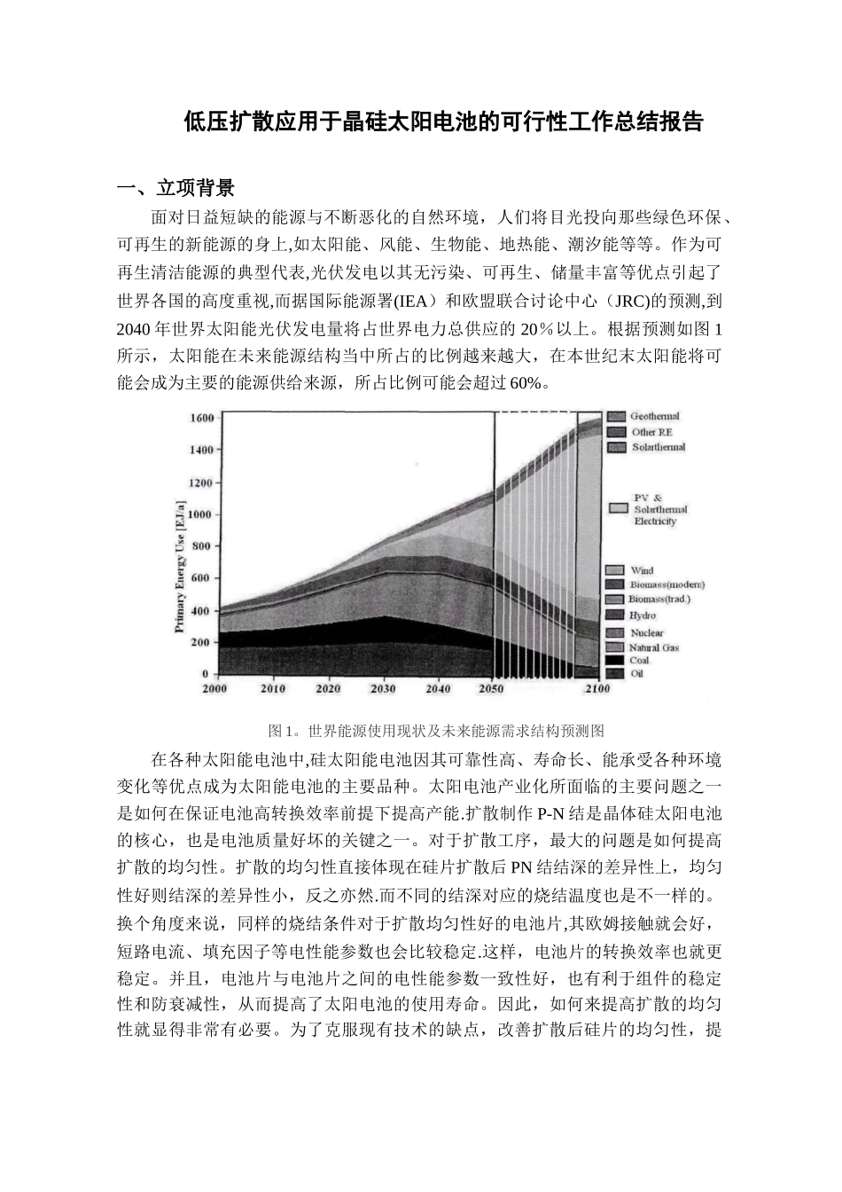 低压扩散应用于晶硅太阳电池的可行性工作总结报告_第1页