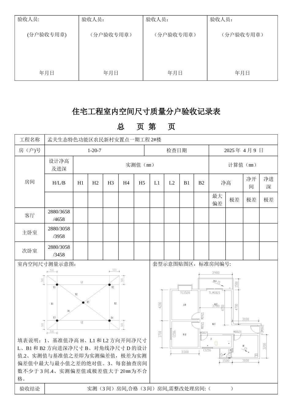住宅工程室内空间尺寸质量分户验收记录表_第3页
