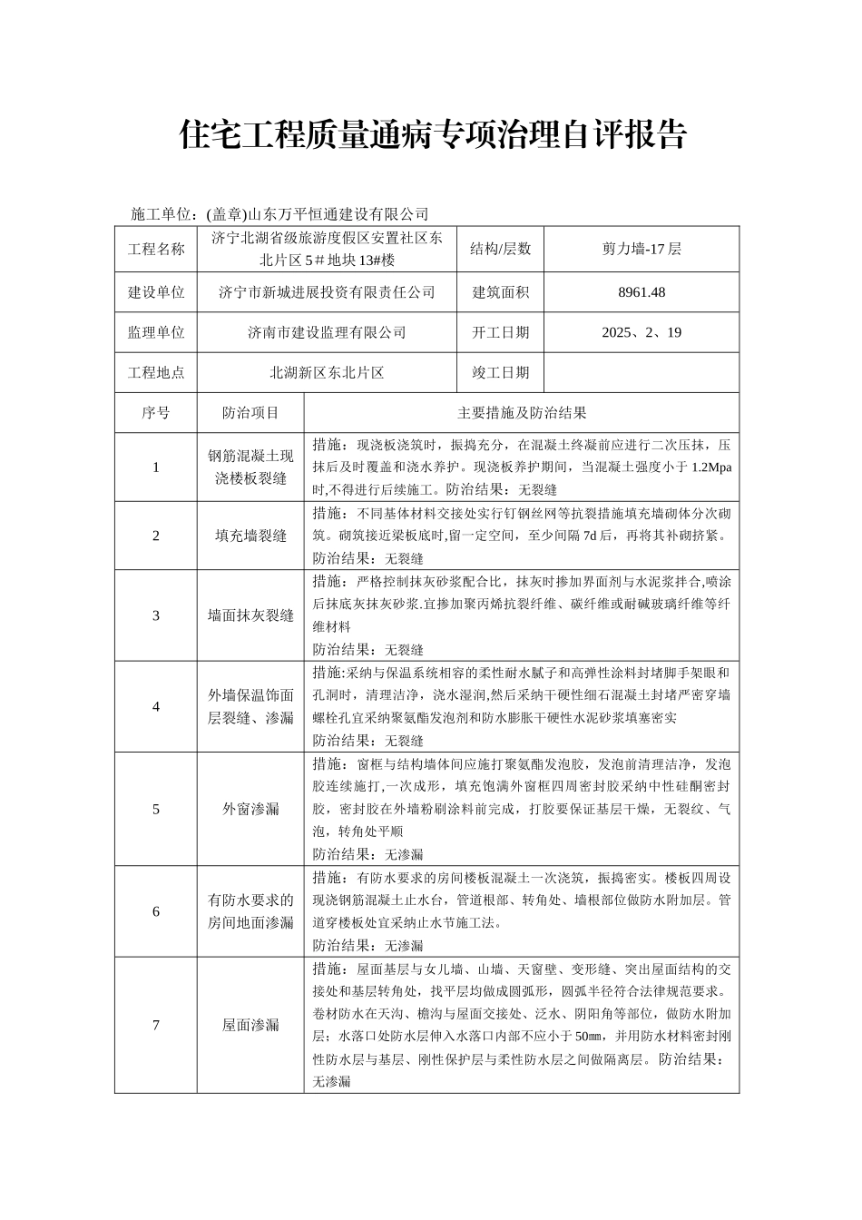 住宅工程质量通病专项治理自评报告_第1页