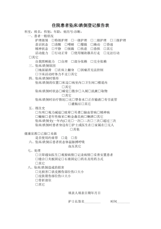 住院患者坠床、跌倒登记报告表