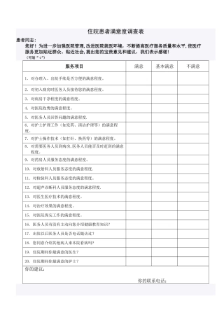 住院患者满意度调查表