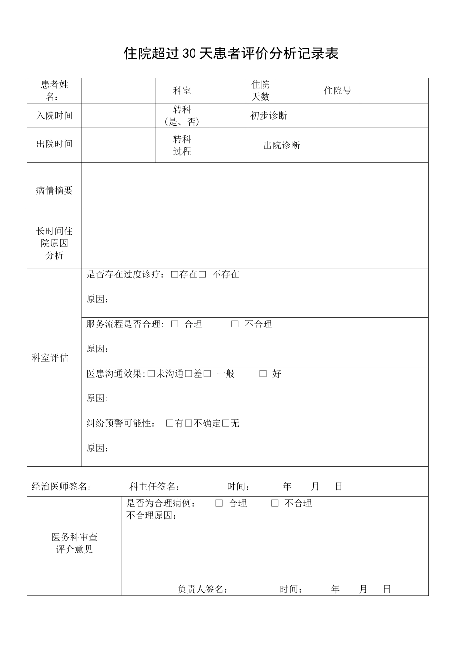 住院超过30天患者评价分析记录表_第1页