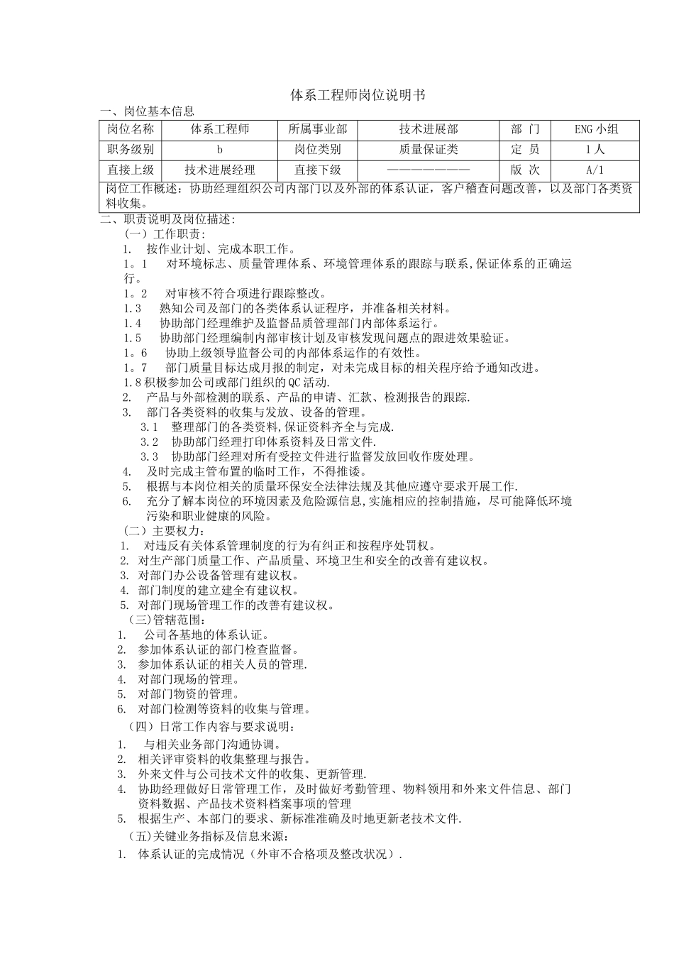 体系工程师岗位说明书_第1页