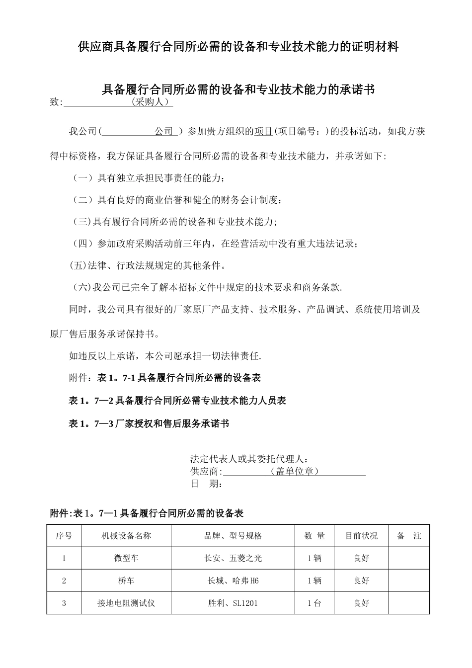 供应商具备履行合同所必需的设备和专业技术能力的证明材料_第1页